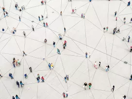 An abstract photo of people connected by lines and dots. Exponent helps connect the mystery of disease outbreaks with cluster investigations. 