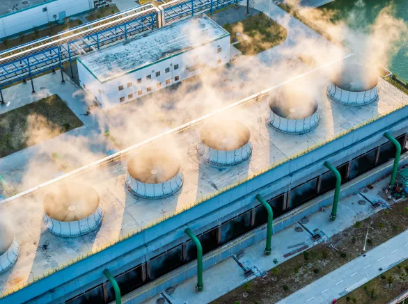 Aerial view of industrial exhaust fans at sunrise, China